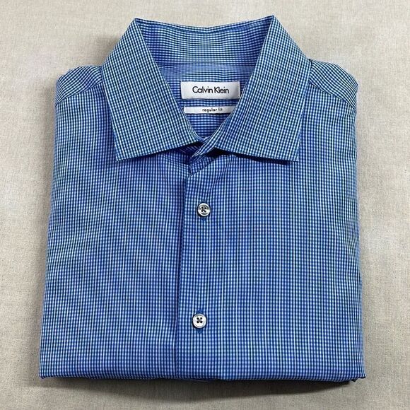Calvin Klein Dress Shirt Mens 16 32/33 Blue Gingham Spread Collar Button Down‎ - Picture 1 of 8